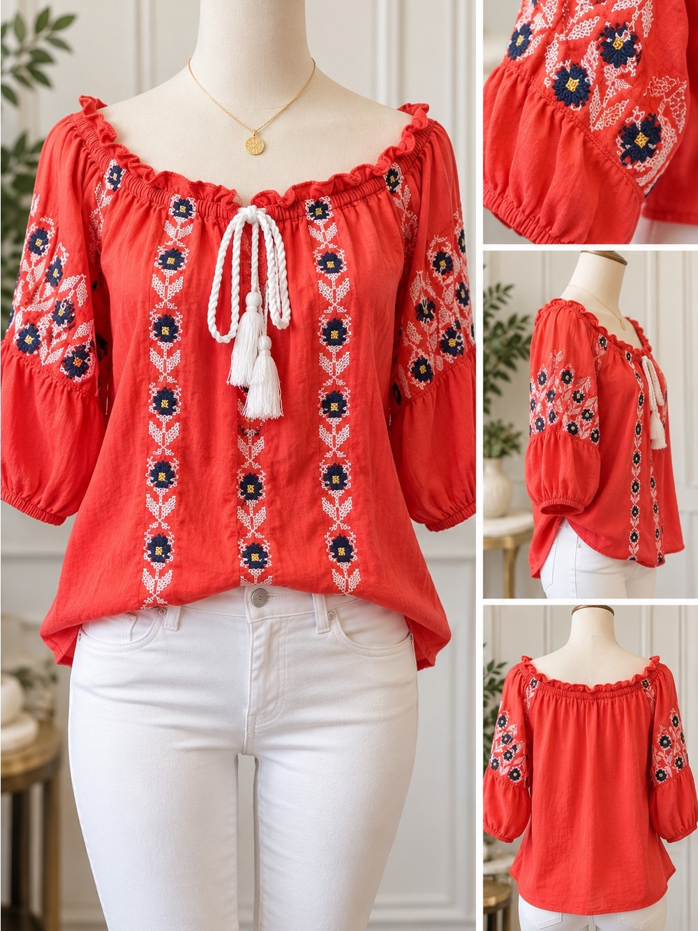 Abercrombie & Fitch Red Embroidered Off-Shoulder Peasant Blouse
